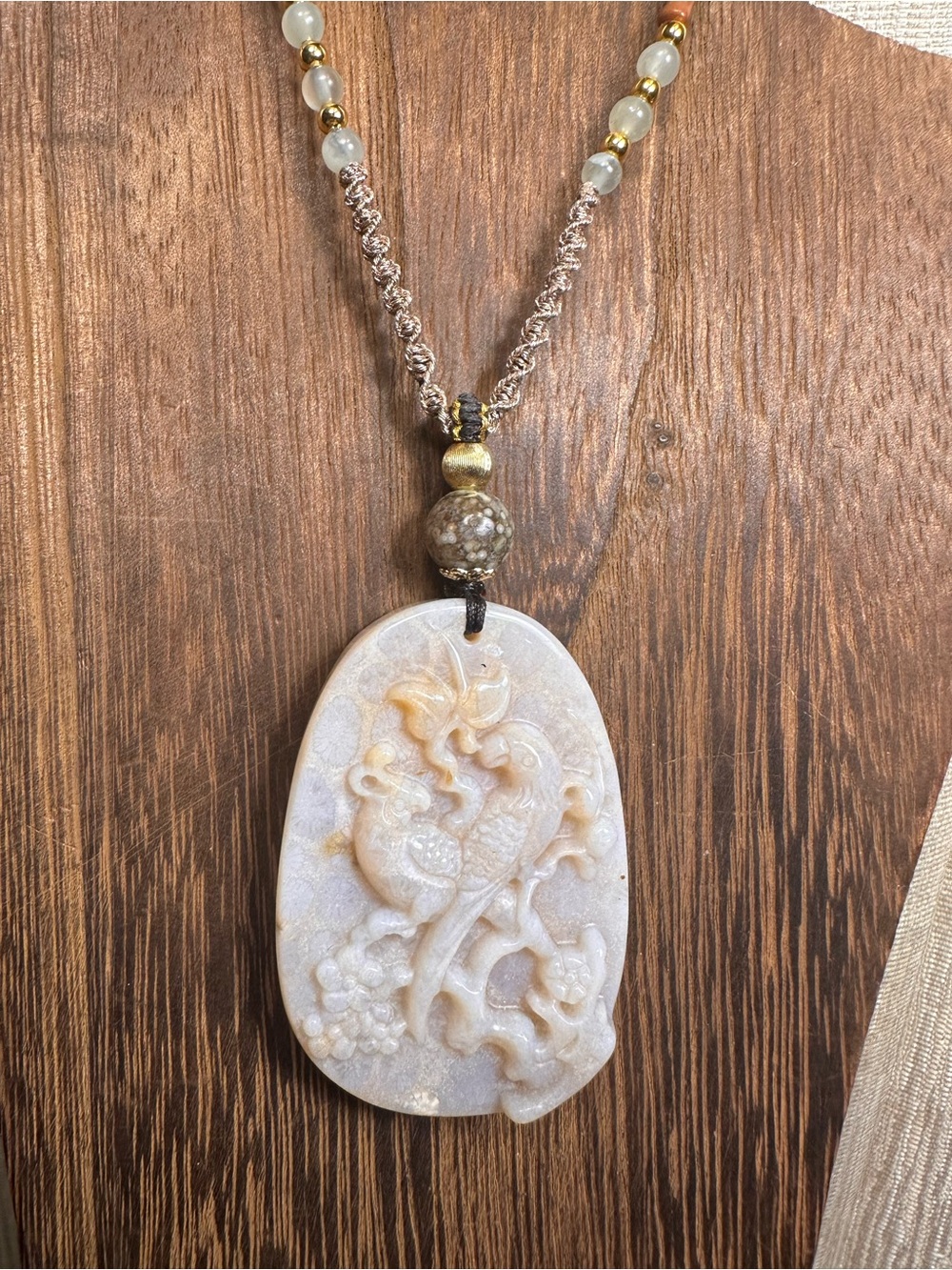Coral Fossil Birds Pendant with Ocean Jasper on Adjustable Rope - Picture 13 of 15